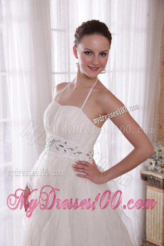 Elegant White Princess Halter Brush Train Rhinestones Prom Dresses