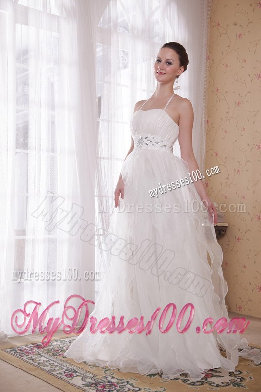 Elegant White Princess Halter Brush Train Rhinestones Prom Dresses