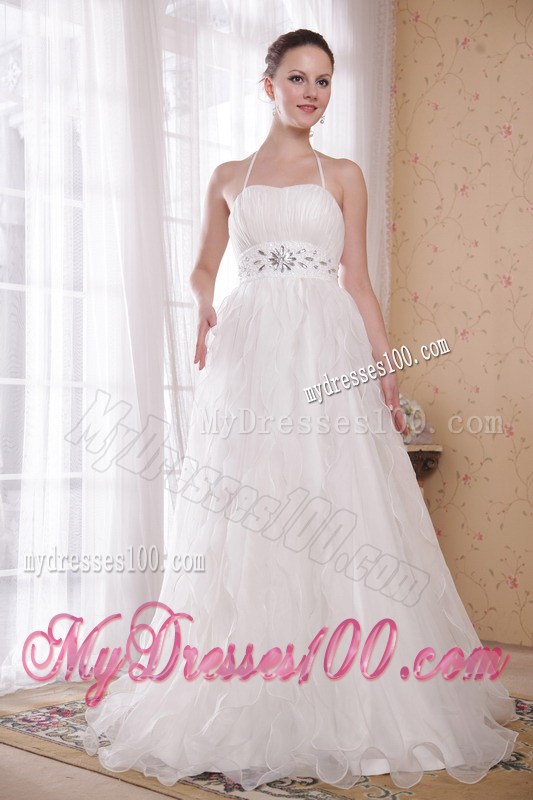 Elegant White Princess Halter Brush Train Rhinestones Prom Dresses