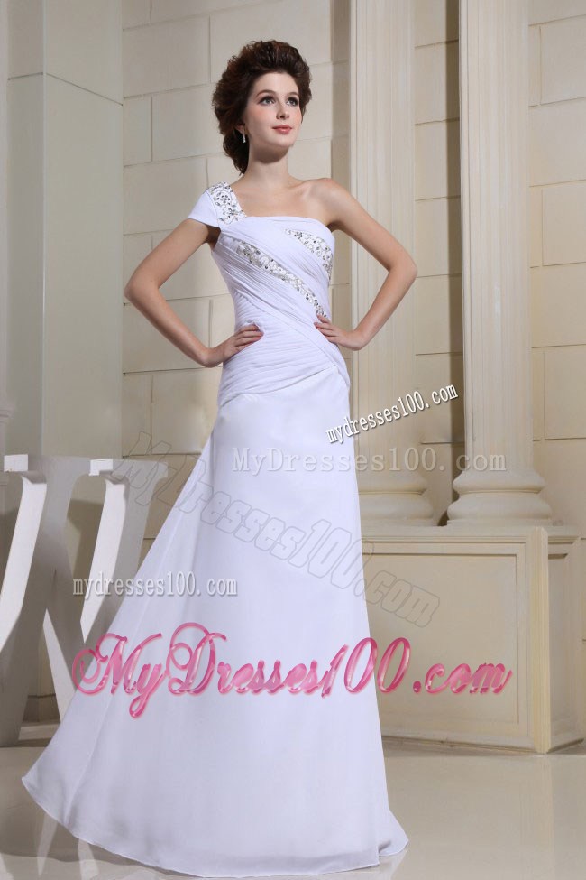White Beaded Decorate One Shoulder and Bodice For Custom Made Prom Dress