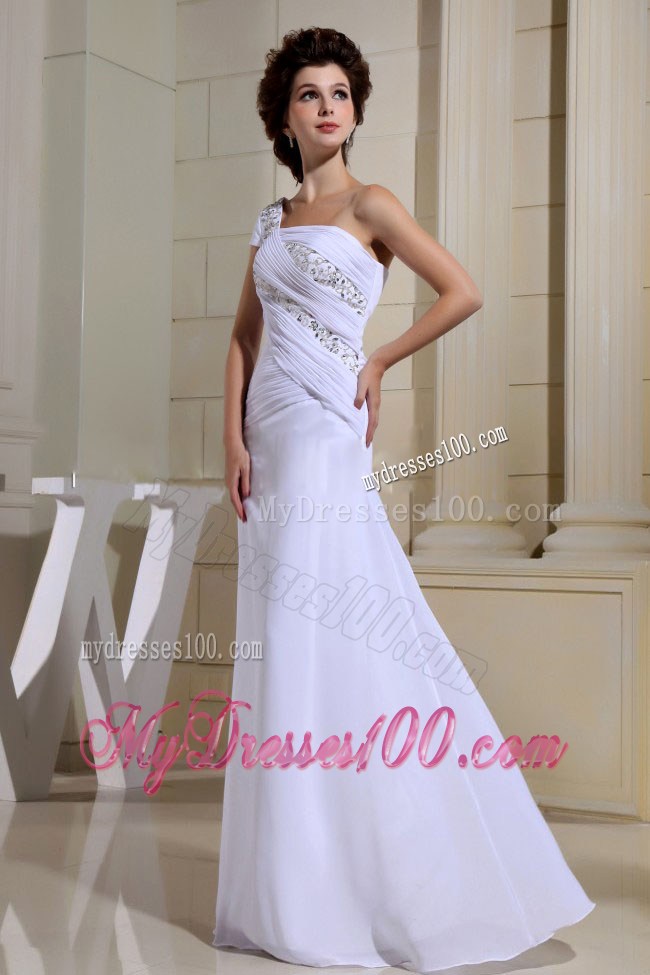 White Beaded Decorate One Shoulder and Bodice For Custom Made Prom Dress