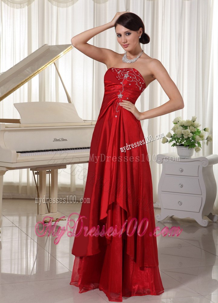 Wine Red Strapless Floor-length Prom Dress With Embroidery