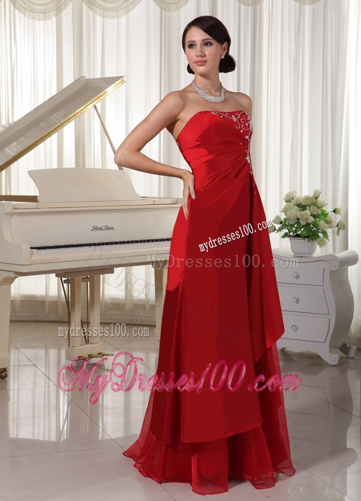 Wine Red Strapless Floor-length Prom Dress With Embroidery