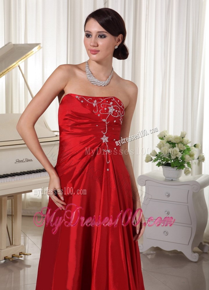 Wine Red Strapless Floor-length Prom Dress With Embroidery