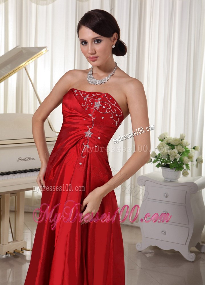 Wine Red Strapless Floor-length Prom Dress With Embroidery