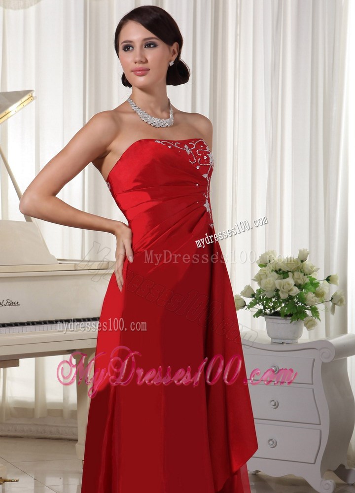 Wine Red Strapless Floor-length Prom Dress With Embroidery