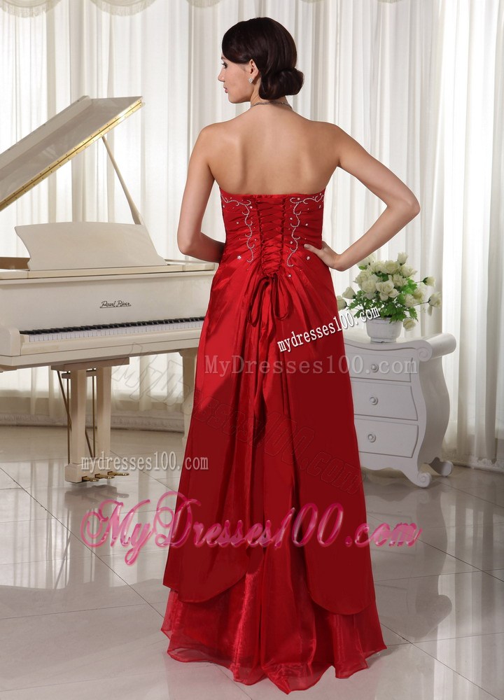 Wine Red Strapless Floor-length Prom Dress With Embroidery