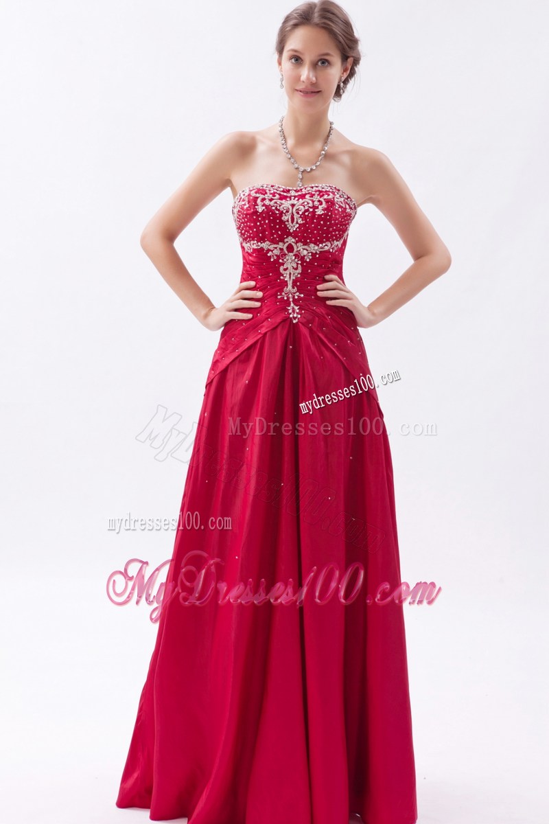 Wine Red Column Strapless Prom Dresses Embroidery with Beading