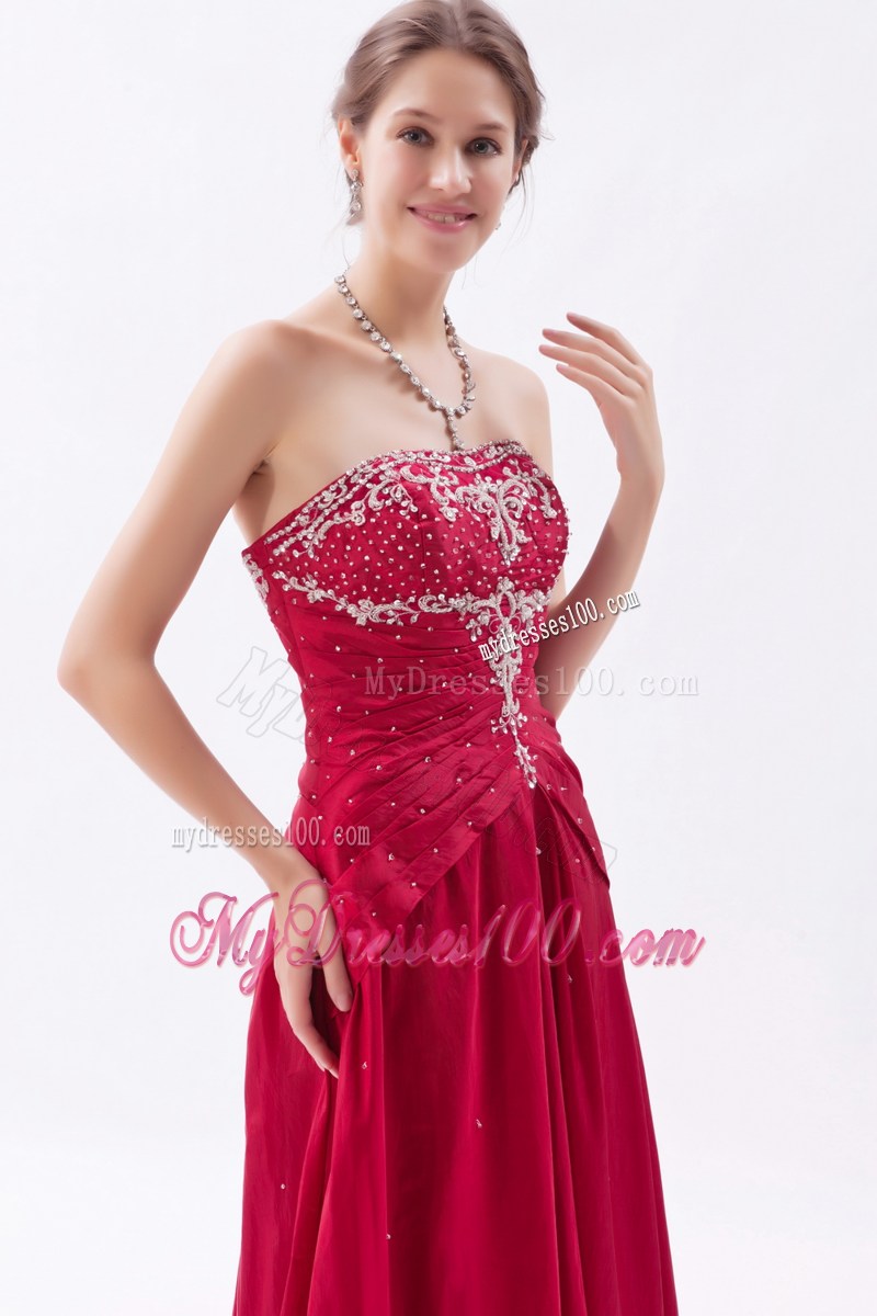 Wine Red Column Strapless Prom Dresses Embroidery with Beading