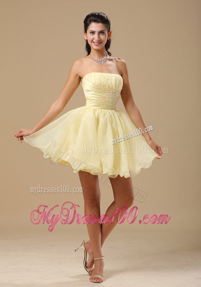Light Yellow Princess Strapless Prom Dress With Beading and Ruching