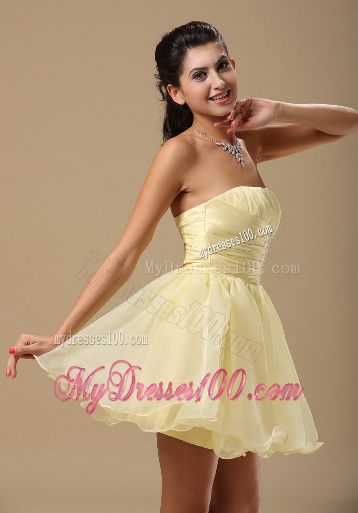 Light Yellow Princess Strapless Prom Dress With Beading and Ruching