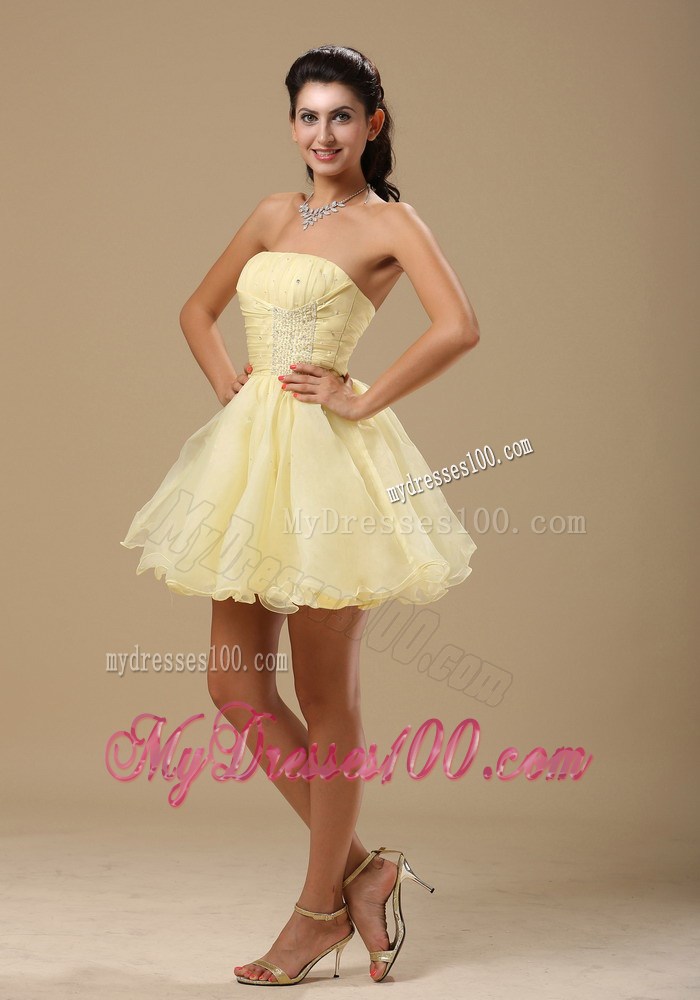 Light Yellow Princess Strapless Prom Dress With Beading and Ruching