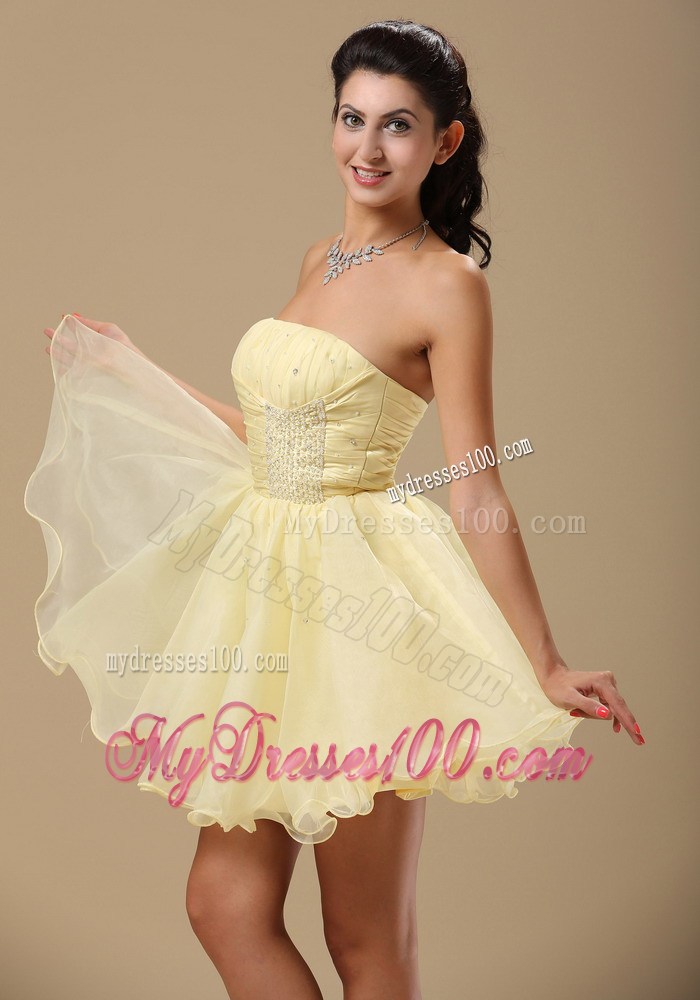 Light Yellow Princess Strapless Prom Dress With Beading and Ruching