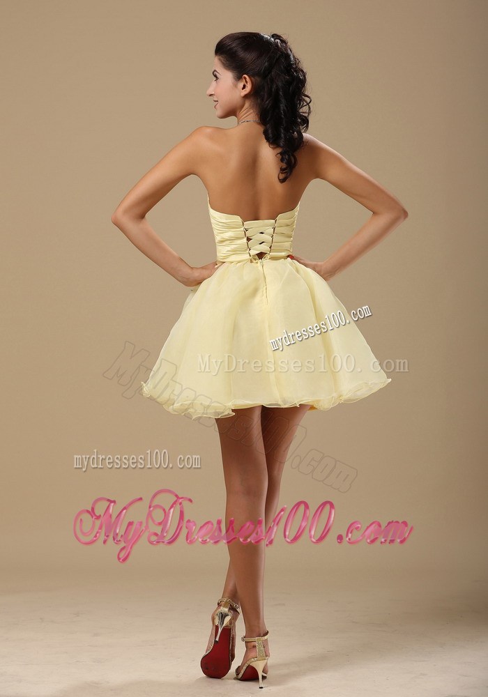 Light Yellow Princess Strapless Prom Dress With Beading and Ruching
