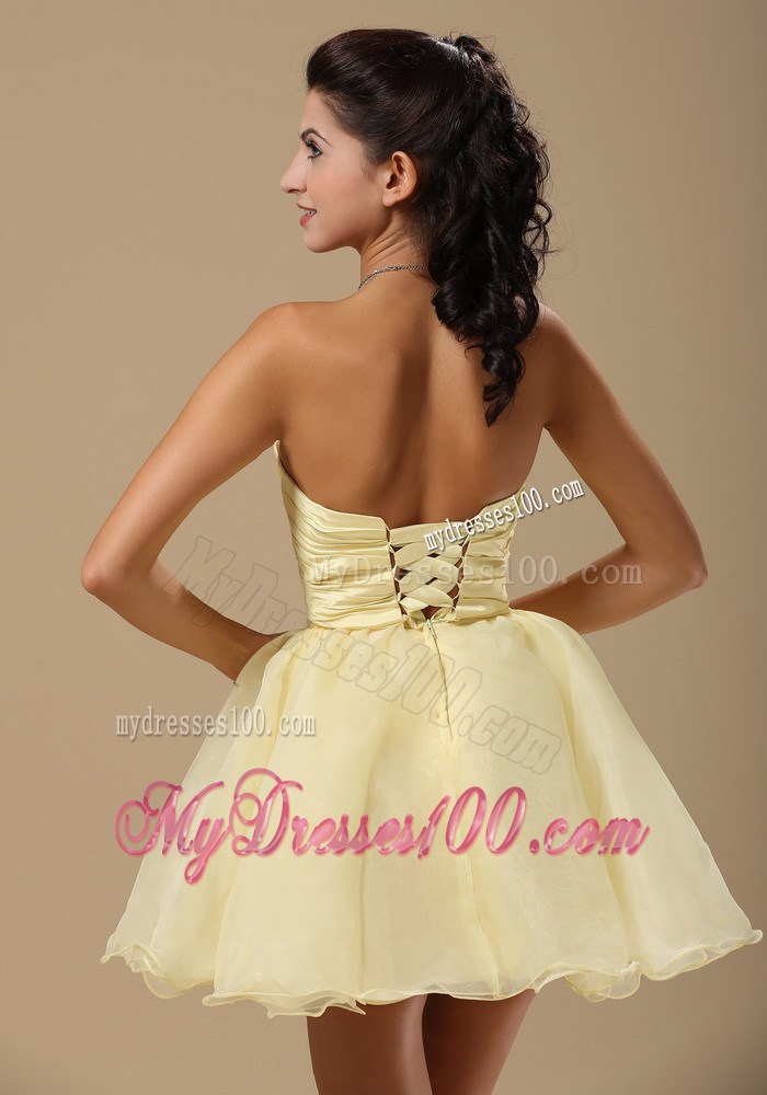 Light Yellow Princess Strapless Prom Dress With Beading and Ruching