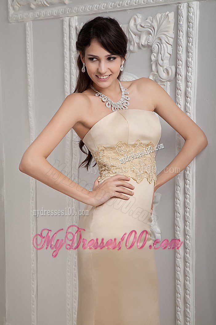 Romantic Champagne Column Strapless Brush Train Lace Prom Dress