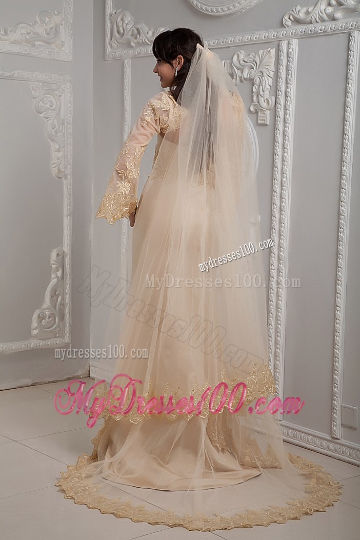 Romantic Champagne Column Strapless Brush Train Lace Prom Dress