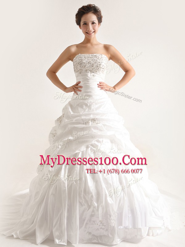 White A-line Taffeta Strapless Sleeveless Beading and Pick Ups With Train Lace Up Wedding Dress Court Train