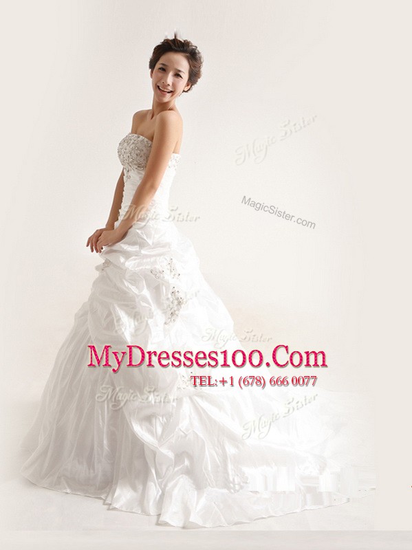 White A-line Taffeta Strapless Sleeveless Beading and Pick Ups With Train Lace Up Wedding Dress Court Train