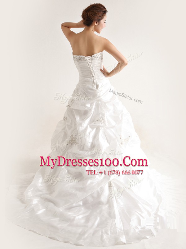 White A-line Taffeta Strapless Sleeveless Beading and Pick Ups With Train Lace Up Wedding Dress Court Train