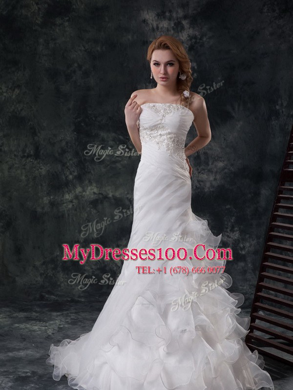 White Organza Lace Up Wedding Gowns Sleeveless Brush Train Beading and Appliques and Ruching