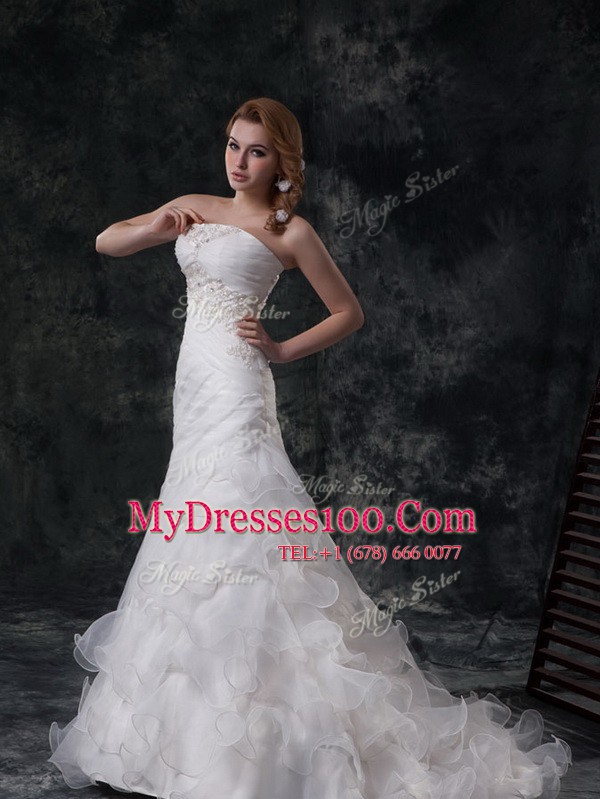 White Organza Lace Up Wedding Gowns Sleeveless Brush Train Beading and Appliques and Ruching