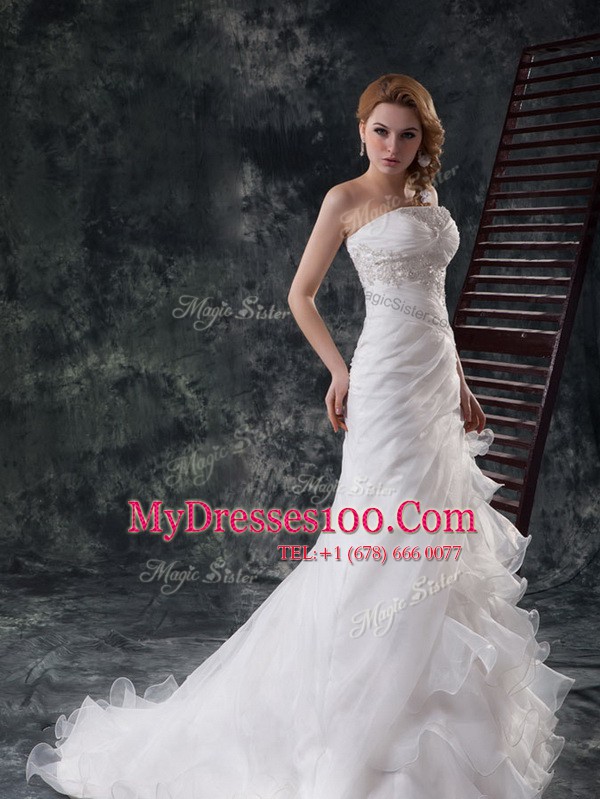 White Organza Lace Up Wedding Gowns Sleeveless Brush Train Beading and Appliques and Ruching