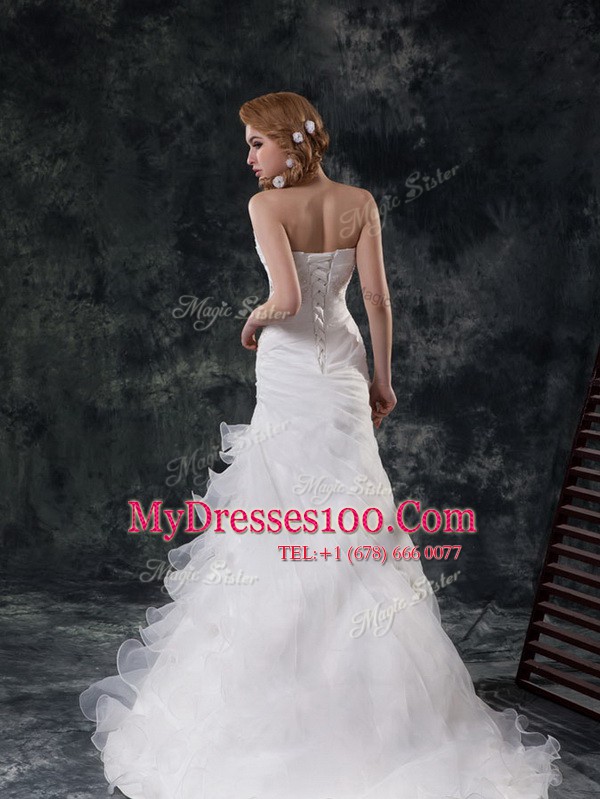 White Organza Lace Up Wedding Gowns Sleeveless Brush Train Beading and Appliques and Ruching