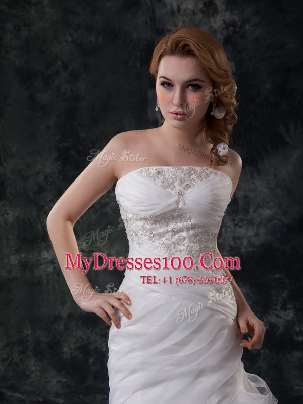 White Organza Lace Up Wedding Gowns Sleeveless Brush Train Beading and Appliques and Ruching