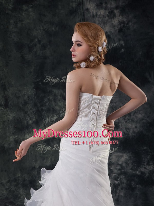 White Organza Lace Up Wedding Gowns Sleeveless Brush Train Beading and Appliques and Ruching