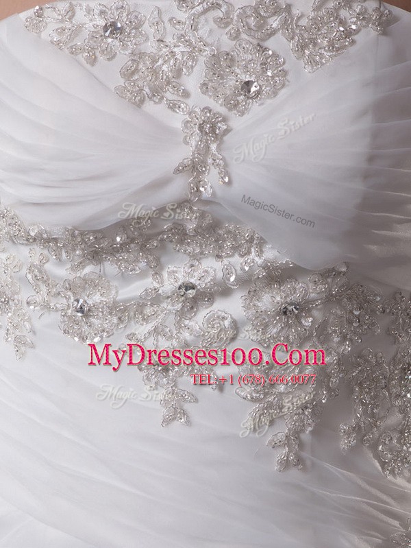 White Organza Lace Up Wedding Gowns Sleeveless Brush Train Beading and Appliques and Ruching