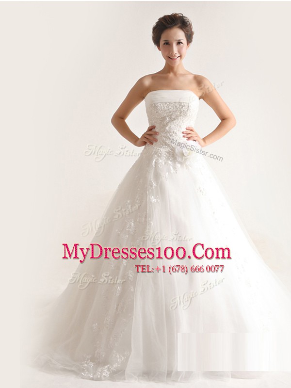 With Train White Bridal Gown Tulle Court Train Sleeveless Appliques