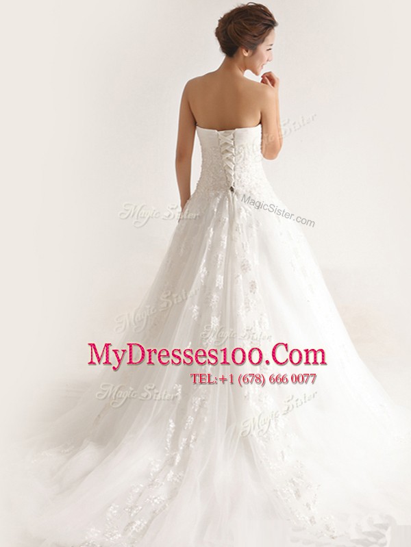 With Train White Bridal Gown Tulle Court Train Sleeveless Appliques