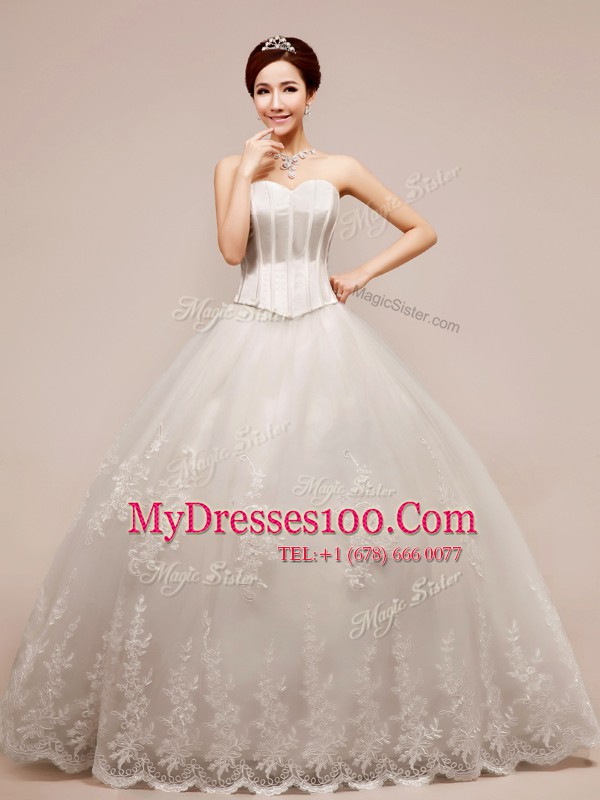 Floor Length Zipper Bridal Gown White for Wedding Party with Beading and Appliques