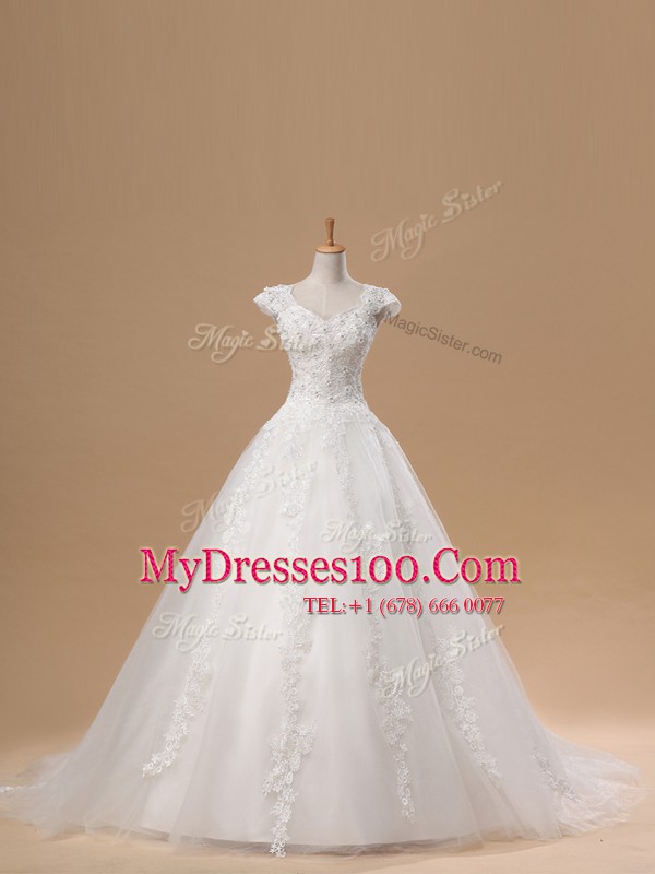 Lace and Appliques Wedding Gowns White Lace Up Short Sleeves With Brush Train