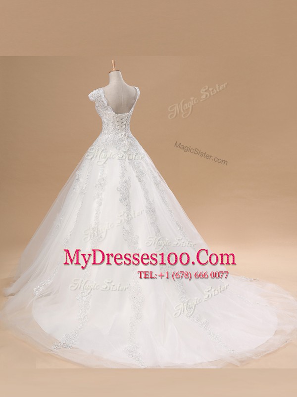 Lace and Appliques Wedding Gowns White Lace Up Short Sleeves With Brush Train