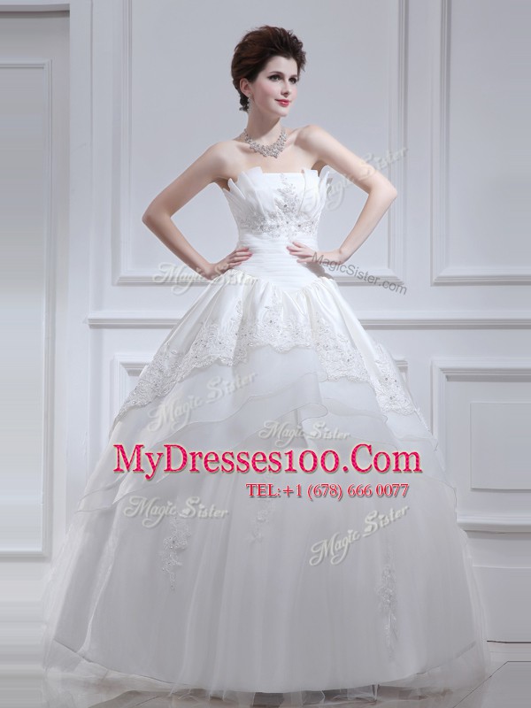 Fine Ruffled Floor Length A-line Sleeveless White Wedding Dress Lace Up