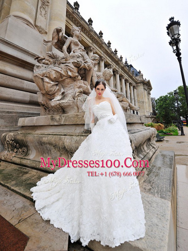 Lovely Brush Train A-line Wedding Dresses White Sweetheart Lace and Fabric With Rolling Flowers Sleeveless With Train Lace Up