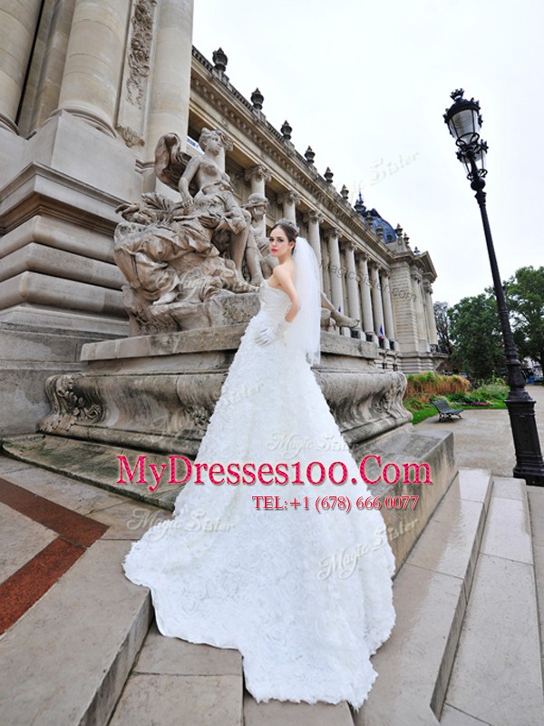 Lovely Brush Train A-line Wedding Dresses White Sweetheart Lace and Fabric With Rolling Flowers Sleeveless With Train Lace Up