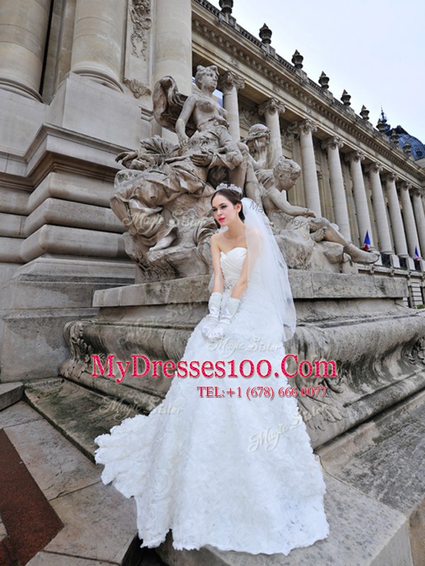 Lovely Brush Train A-line Wedding Dresses White Sweetheart Lace and Fabric With Rolling Flowers Sleeveless With Train Lace Up