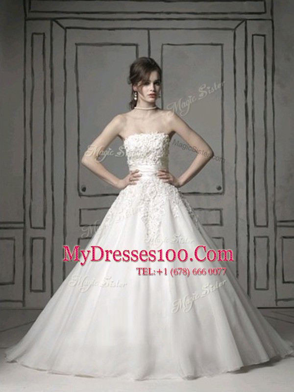 Low Price Strapless Sleeveless Brush Train Zipper Wedding Dress White Tulle