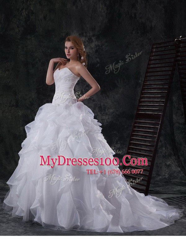 With Train Ball Gowns Sleeveless White Wedding Dress Brush Train Lace Up