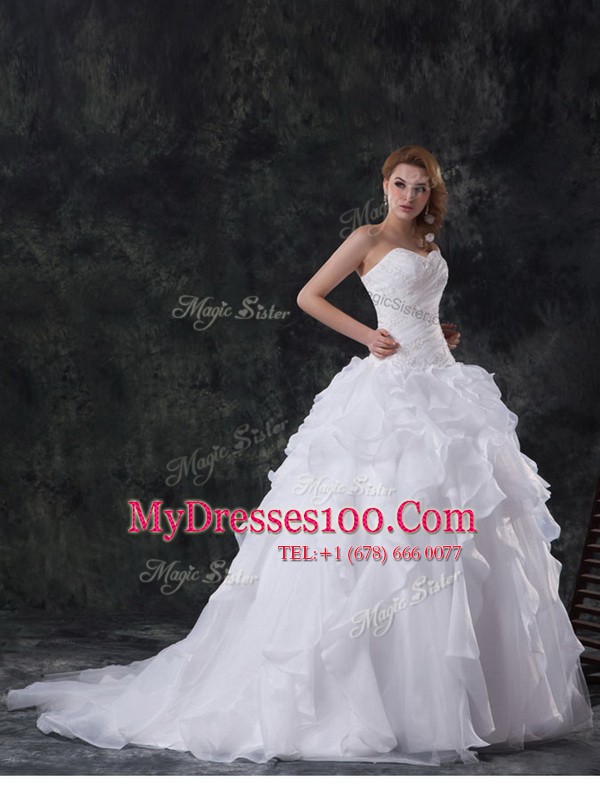 With Train Ball Gowns Sleeveless White Wedding Dress Brush Train Lace Up