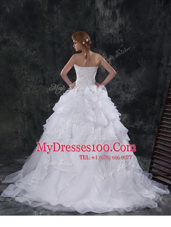 With Train Ball Gowns Sleeveless White Wedding Dress Brush Train Lace Up