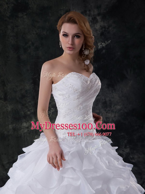 With Train Ball Gowns Sleeveless White Wedding Dress Brush Train Lace Up