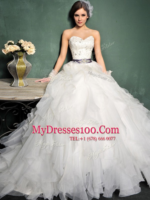 Exceptional Sleeveless Organza Brush Train Lace Up Wedding Gowns in White with Beading and Ruffles and Belt