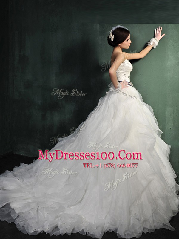 Exceptional Sleeveless Organza Brush Train Lace Up Wedding Gowns in White with Beading and Ruffles and Belt