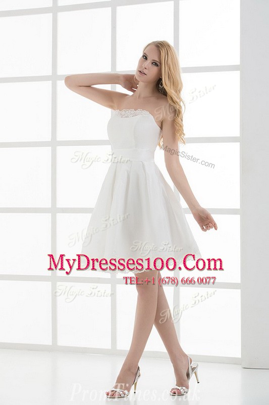 Mini Length White Wedding Dresses Strapless Sleeveless Lace Up