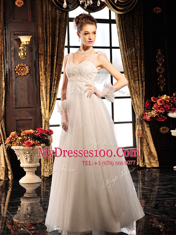 Colorful White Lace Up V-neck Beading Wedding Gown Tulle Sleeveless