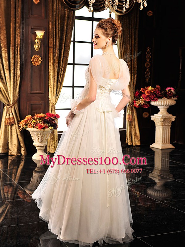 Colorful White Lace Up V-neck Beading Wedding Gown Tulle Sleeveless